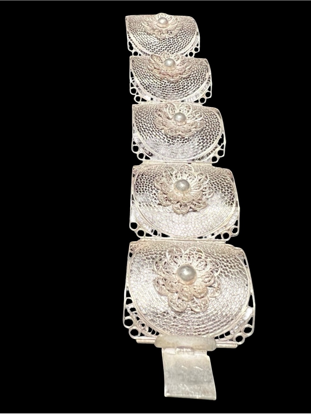 SOLD - Vintage Sterling Silver Articulated Filigree Panel Bracelet 7.5” - Picture 3 of 5